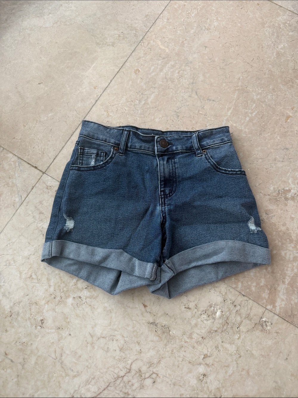 Mid-Rise Dark Blue Denim Rolled Hem Shorts